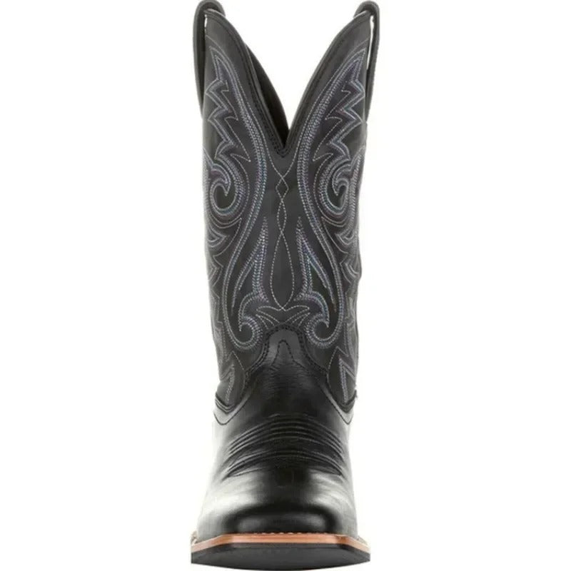 Durable men's black mid-calf western boots with a square toe. Classic slip-on cowboy design for rugged comfort.