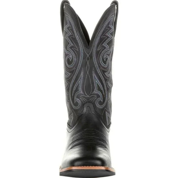 Durable men's black mid-calf western boots with a square toe. Classic slip-on cowboy design for rugged comfort.