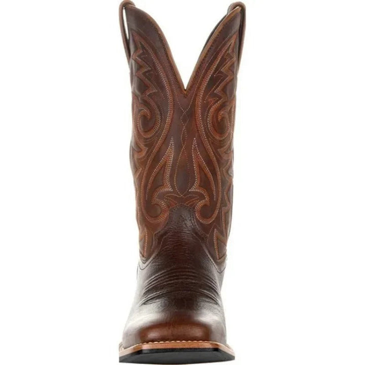 Men's casual brown western square toe boots. Classic slip-on cowboy style, durable & comfortable mid-calf footwear.