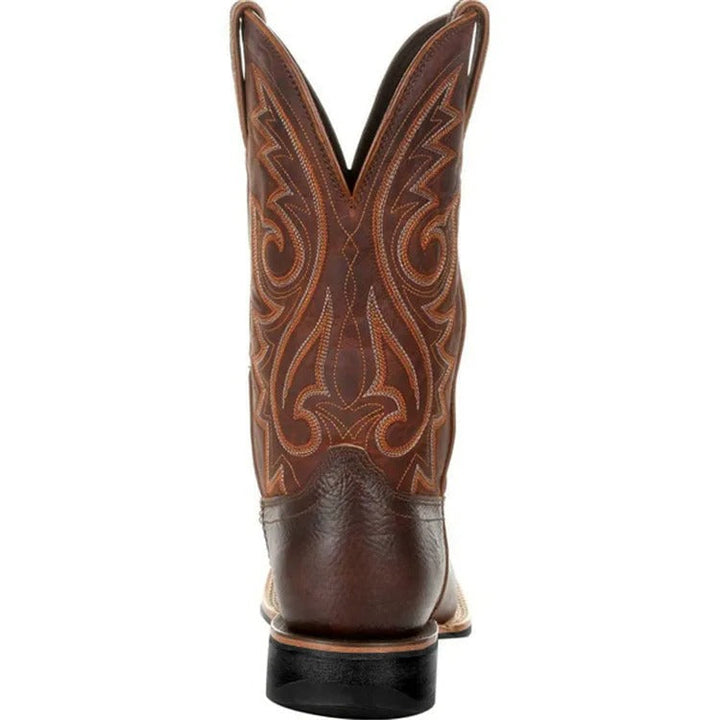 Black men's western square toe cowboy boots. Rugged mid-calf slip-on style, durable for everyday men's fashion.