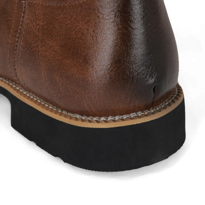 Classic brown men's square toe western boots, ideal for comfort. Durable mid-calf slip-on cowboy footwear.