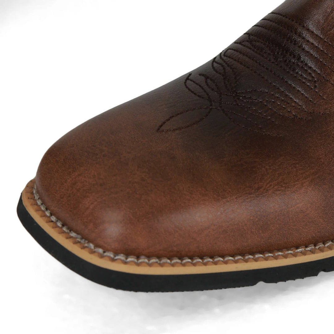 Men's stylish square toe western boots in black. Mid-calf slip-on cowboy boots with a totem pattern & comfort.