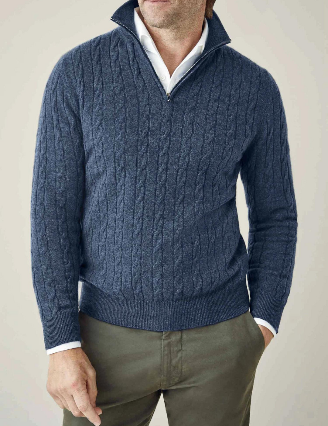 Classic men's cable knit quarter-zip sweater in a versatile color for timeless style.