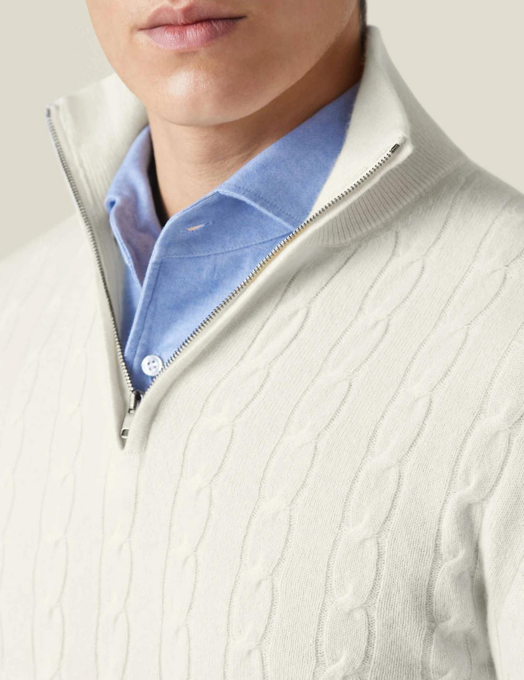 Elegant men's quarter-zip knit sweater with intricate cable knit detailing and funnel neck.