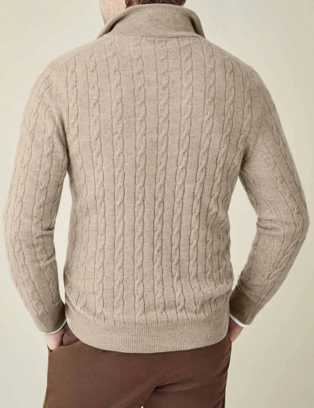 Durable men's quarter-zip cable knit sweater, a staple for any menswear collection.