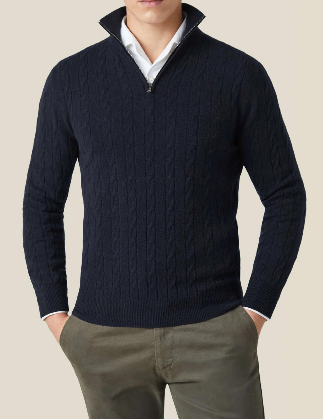 Warm cable knit men's sweater with a quarter-zip funnel neck, ideal for winter fashion.