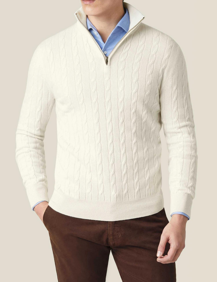 Comfortable men's knitwear: a soft cable knit quarter-zip layering piece for any season.