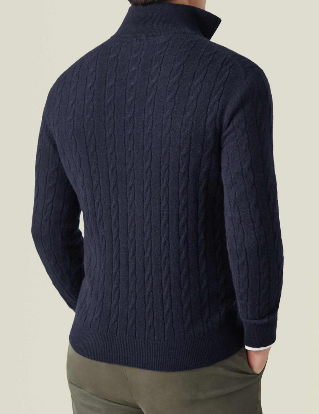 Autumn style men's cable knit sweater with a practical quarter-zip design for comfort.