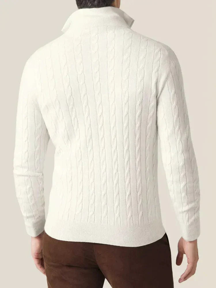 Men's apparel: a classic cable knit quarter-zip sweater, perfect for everyday style.