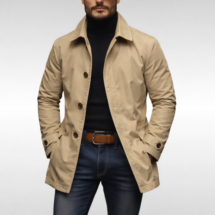 Stylish Men's Classic Coat: A timeless men's hip-length coat with a refined button front, perfect for elevating any look.
