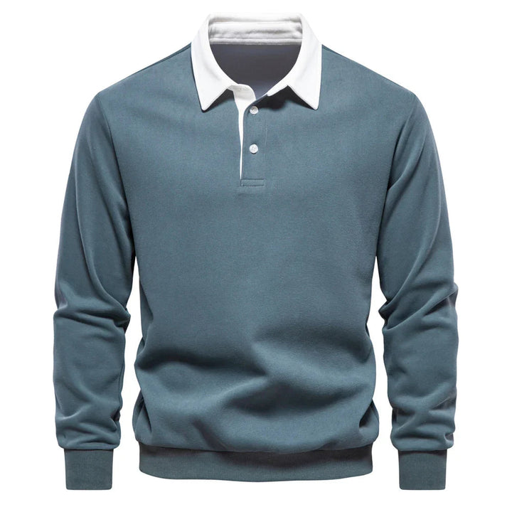 Men's long sleeve rugby shirt with polo collar, showcasing quality and casual elegance.