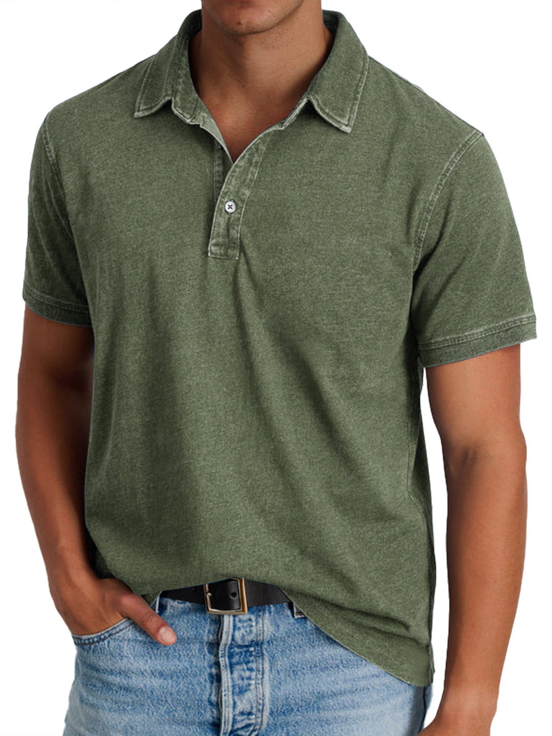 Relaxed fit men's polo shirt with classic short sleeve design and button placket, suitable for smart casual occasions.