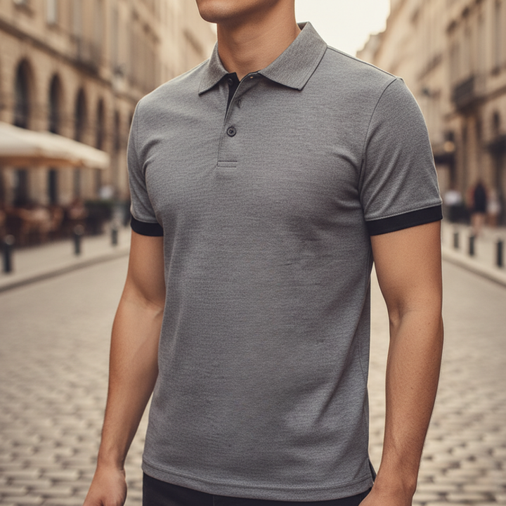 Classic short sleeve men's polo, solid color, button-up, perfect for smart casual.