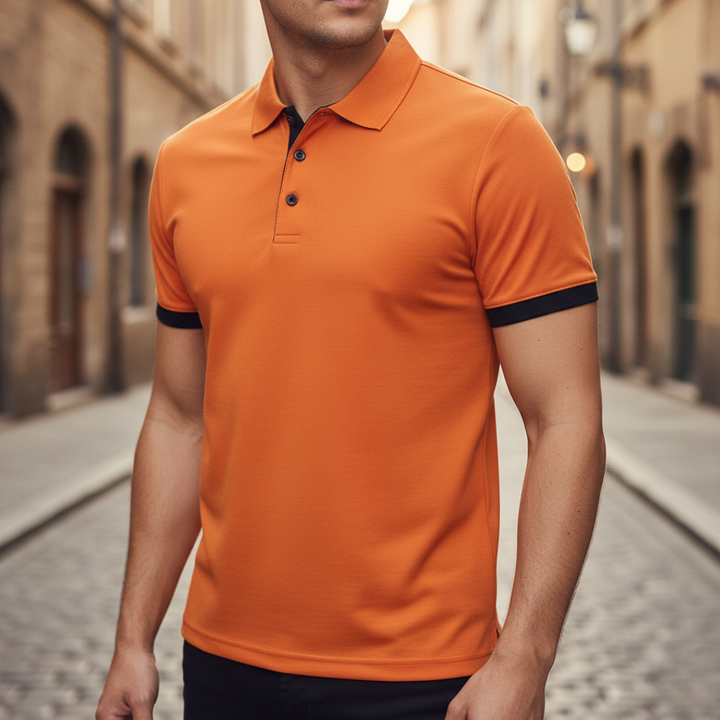 Versatile men's solid color polo, button-up, short sleeve for everyday style.