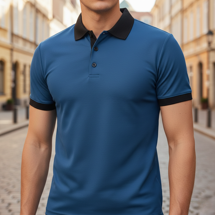 Smart casual men's polo shirt, short sleeve, relaxed fit, great for spring/fall.