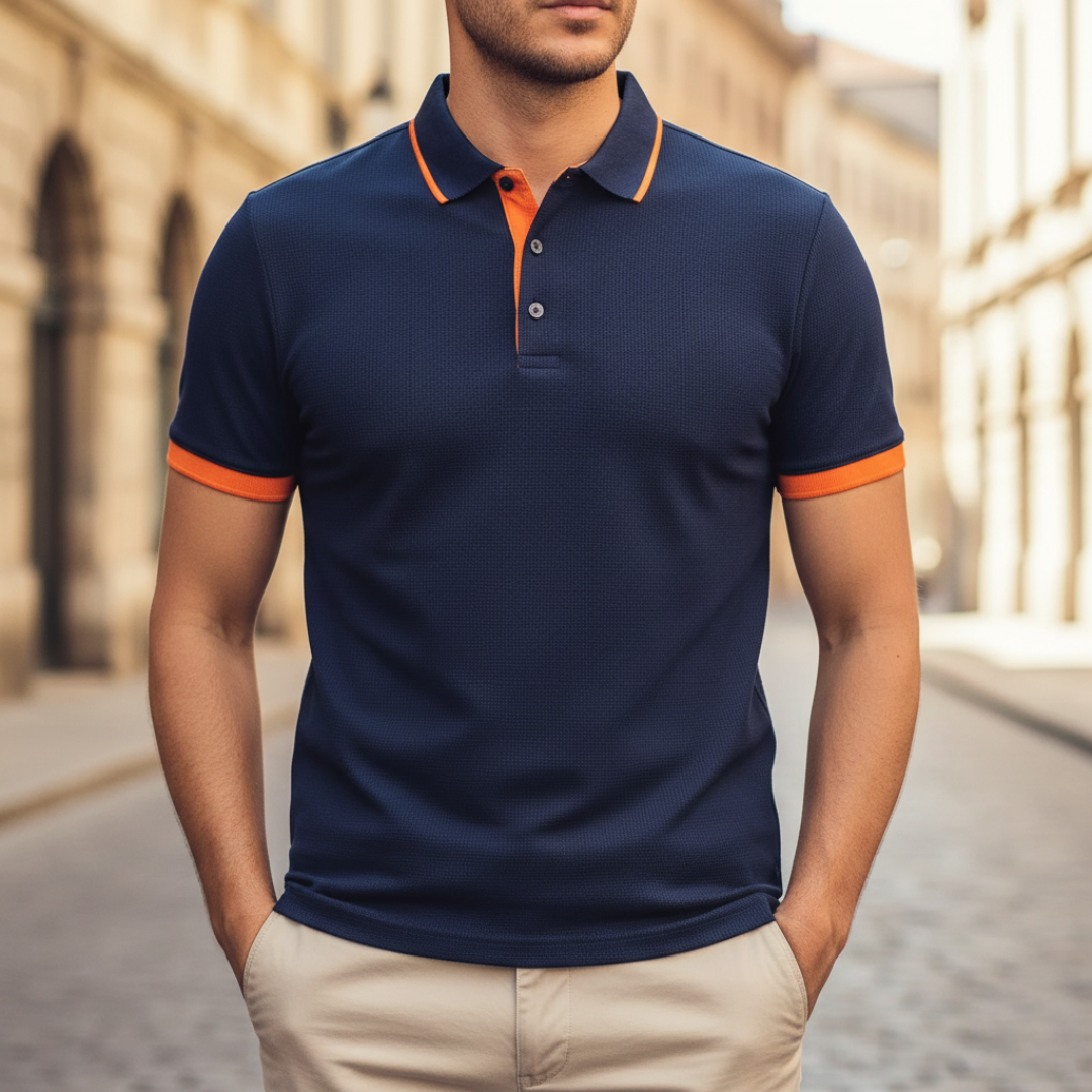 Everyday wear men's polo, solid color, button-up, short sleeve for comfort.