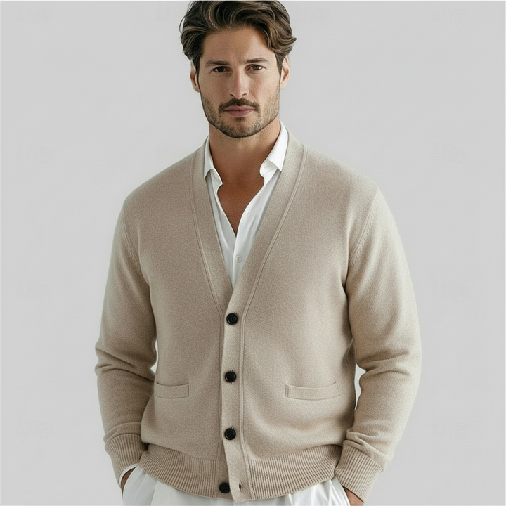 Classic men's V-neck cardigan in charcoal, perfect for smart casual layering. Long sleeve button-up knitwear.