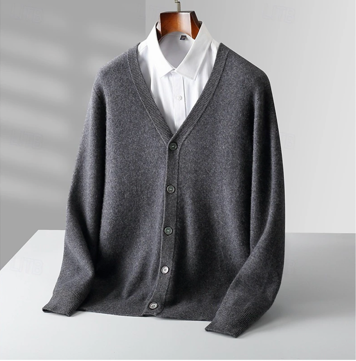 Men's long-sleeve V-neck cardigan, a classic knitwear essential for comfortable all-season layering and timeless style.