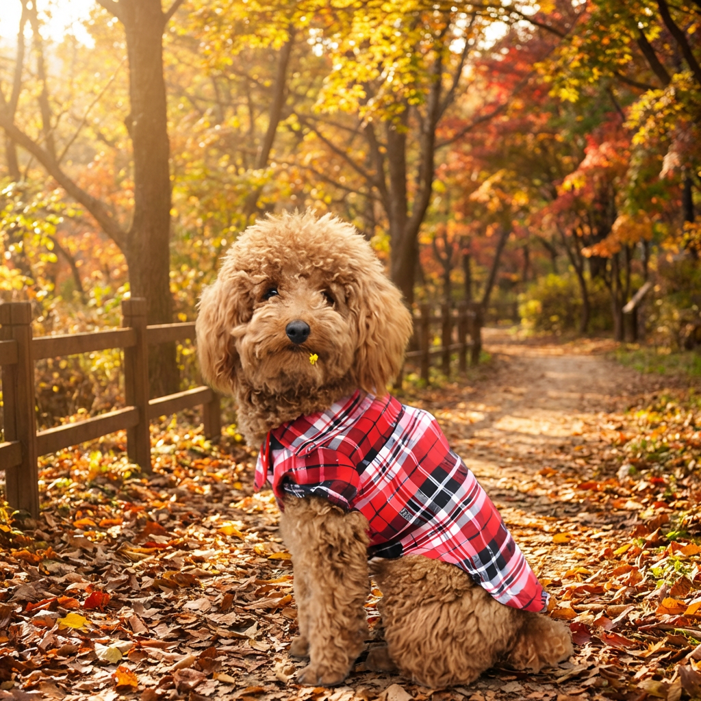 Classic red plaid button-down dog shirt for small to medium dogs, perfect pet fashion apparel.