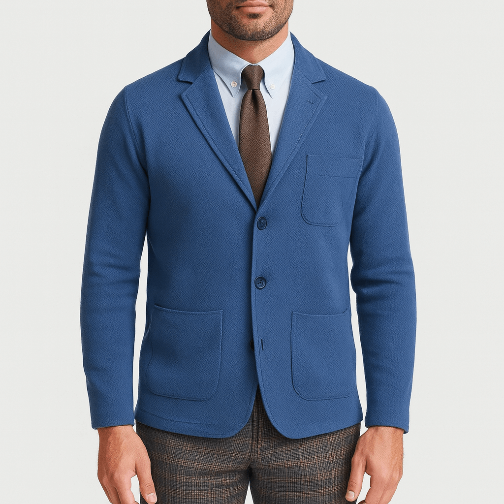 Men's tailored jacket. Classic single-breasted blazer for formal wear, business attire, & smart casual.