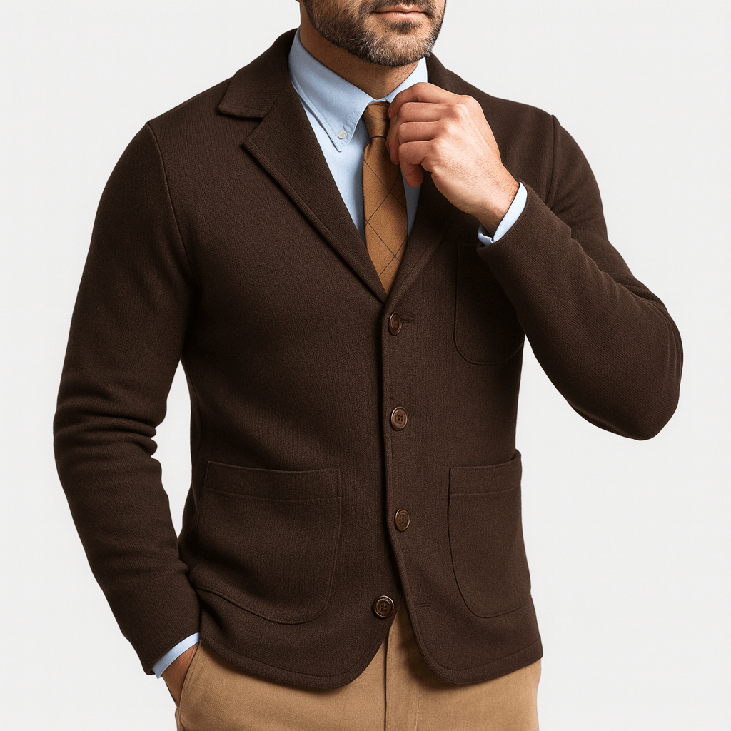 Sophisticated men's business blazer. Tailored single-breasted design for formal wear & refined men's fashion.