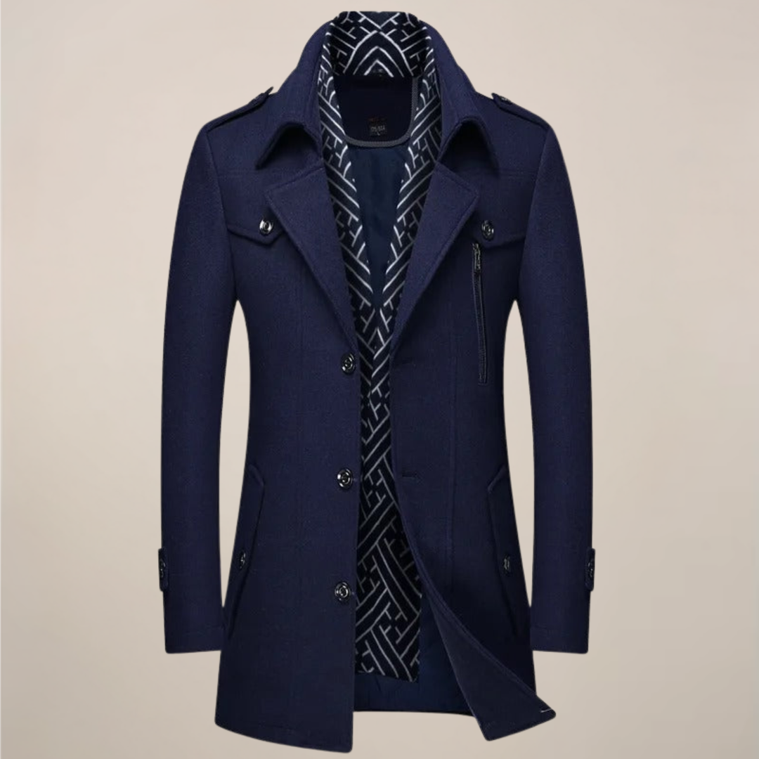 Classic tailored men's long winter overcoat, ideal for formal wear and stylish cold weather outerwear.