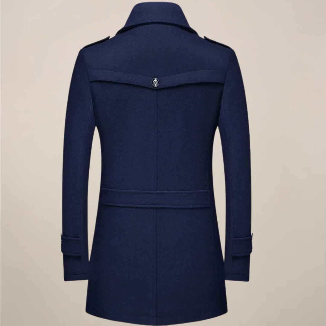 Warm men's long winter trench coat, perfect for cold weather protection & casual outerwear. Classic button-up style.