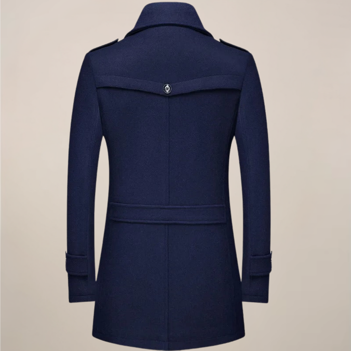 Warm men's long winter trench coat, perfect for cold weather protection & casual outerwear. Classic button-up style.