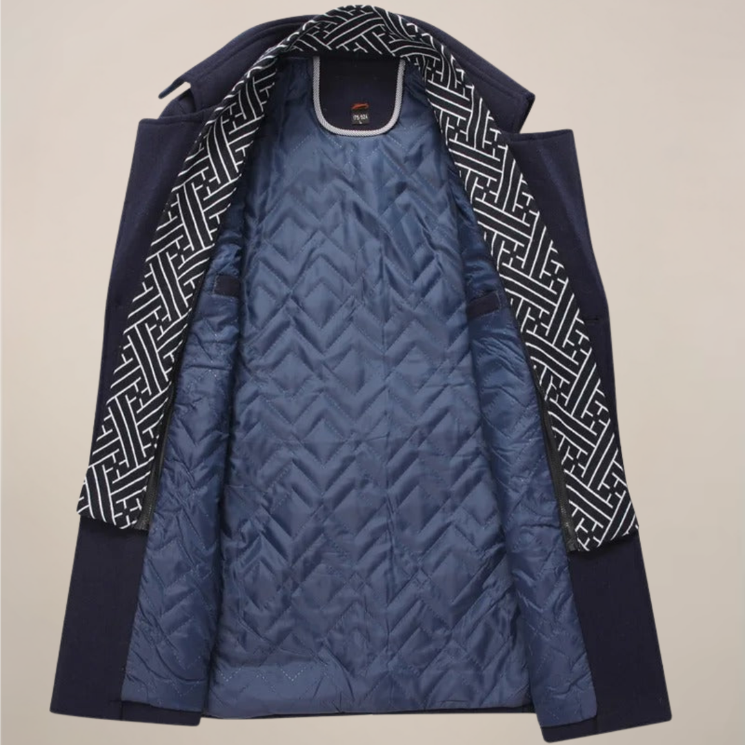 Men's classic button-up long overcoat with notched lapels, a tailored stylish winter trench coat for cold weather.