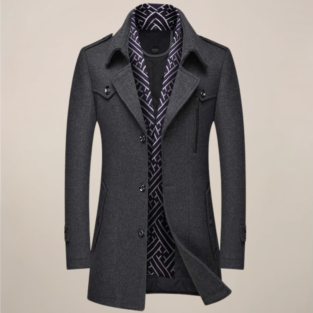 Stylish men's long winter overcoat, a classic tailored trench coat for cold weather, ideal for formal & casual wear.