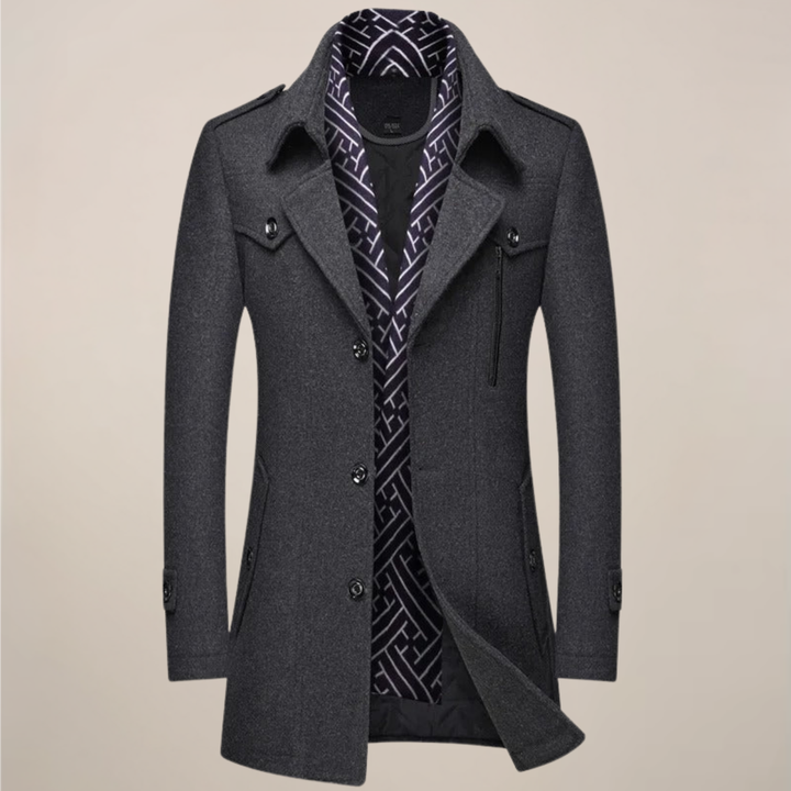 Stylish men's long winter overcoat, a classic tailored trench coat for cold weather, ideal for formal & casual wear.