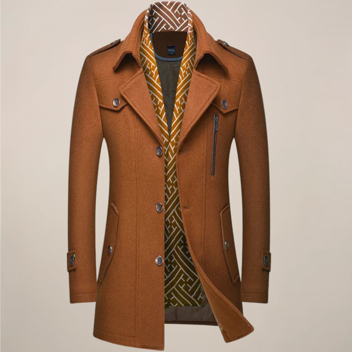 Durable men's long winter overcoat offering ultimate cold weather protection. Classic tailored trench coat for warmth.