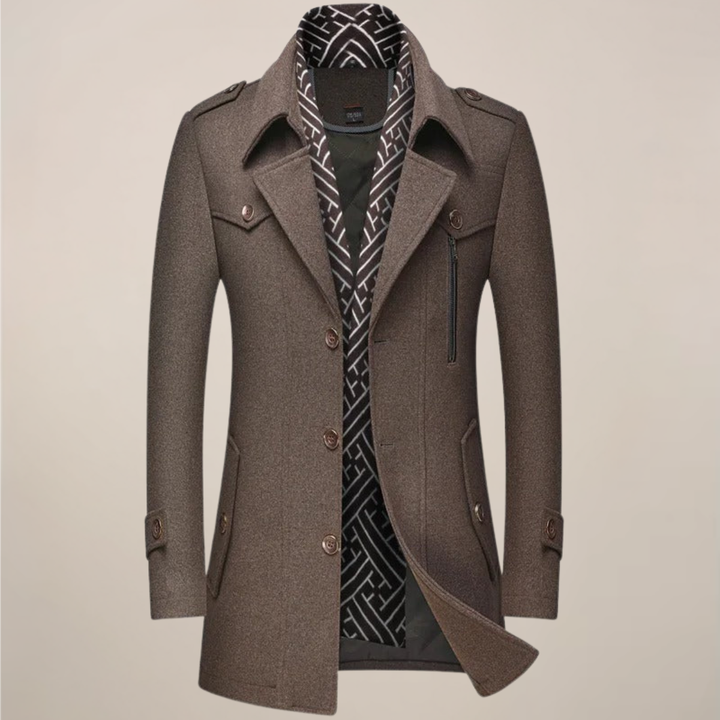 Versatile men's classic long winter overcoat, a stylish tailored trench coat for cold weather, formal & casual events.