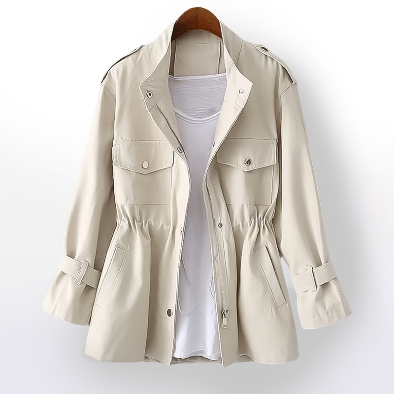 Classic women's belted trenchcoat with notch collar, perfect for elegant fall and spring outerwear fashion.