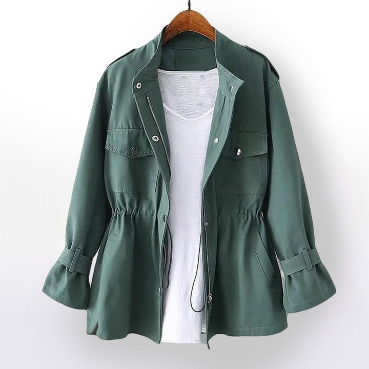Elegant women's fall trenchcoat, classic style with a belted waist and sophisticated notch collar detail.