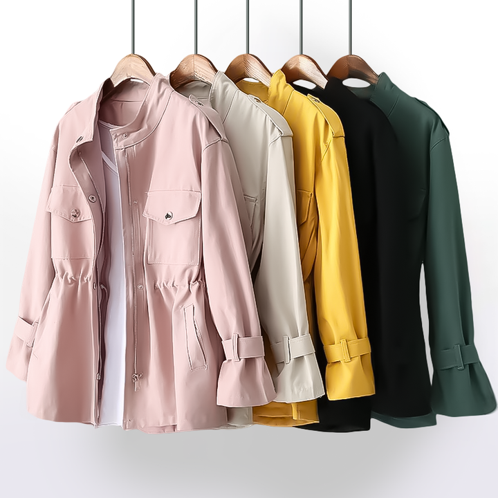 Fashionable women's trenchcoat, a timeless belted outerwear piece with a classic notch collar & elegant fit.