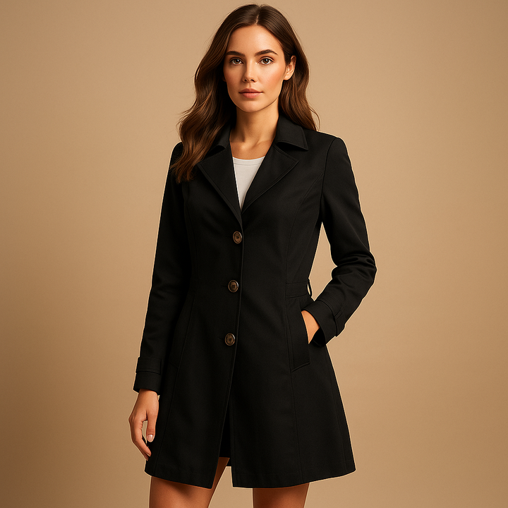 Classic women's button trench coat in a structured fit, perfect for polished professional style workwear.