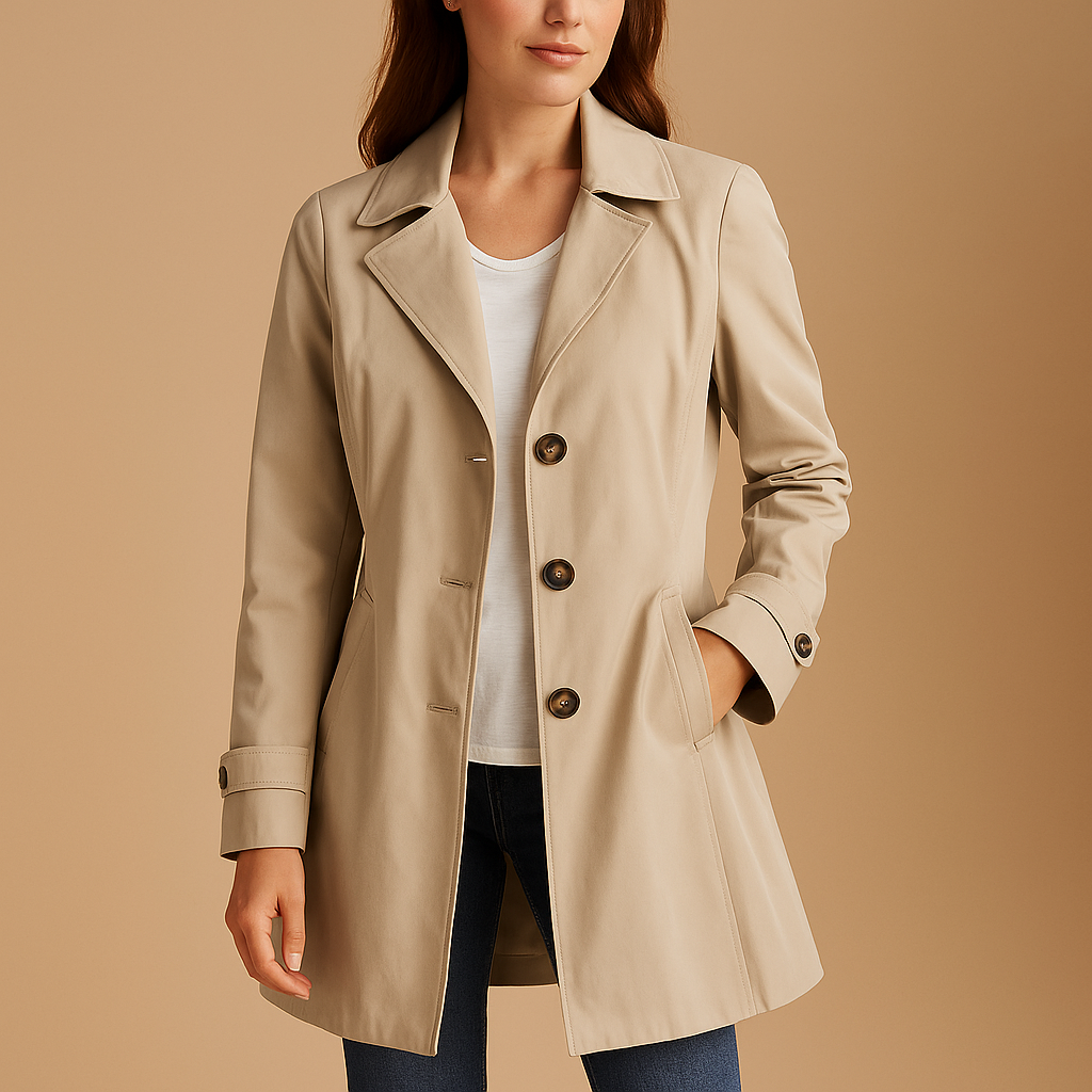 Elegant women's long trench coat with button closure, ideal for versatile fall fashion and outerwear.