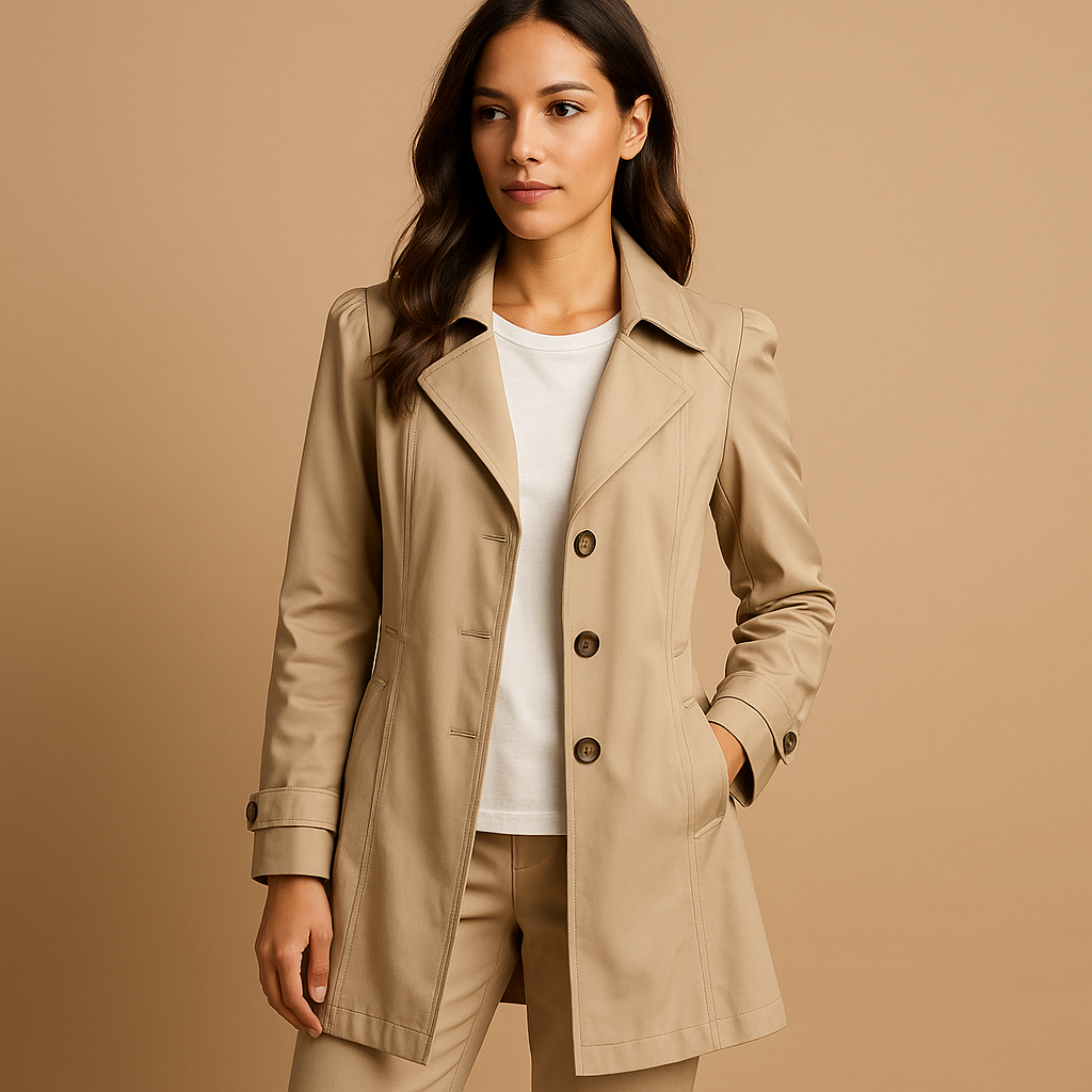 Professional women's classic trench coat, featuring a buttoned front and structured design for workwear.