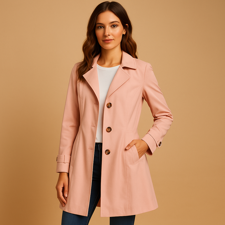 Stylish women's classic trenchcoat with button detailing, offering a polished look for any occasion.