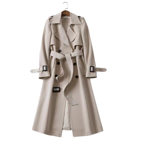 Sophisticated women's double-breasted trench coat, a timeless classic for any season.