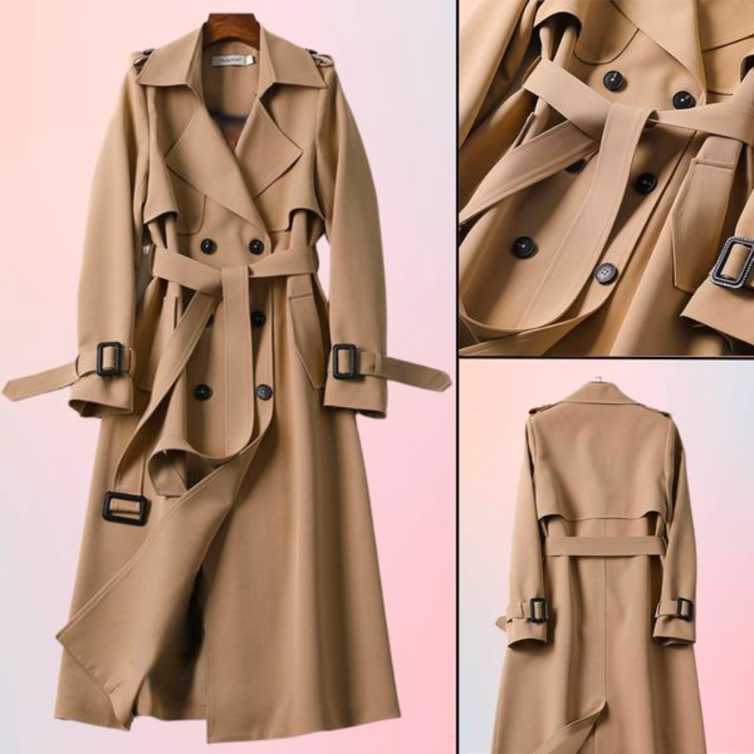 Stylish ladies classic trench coat with double-breasted front, perfect for spring/fall.