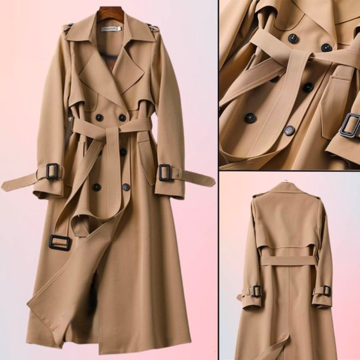 Stylish ladies classic trench coat with double-breasted front, perfect for spring/fall.