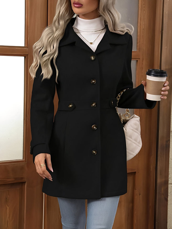 Women's classic office wear: double-breasted trench coat with a smart belted waist, essential for professionals.