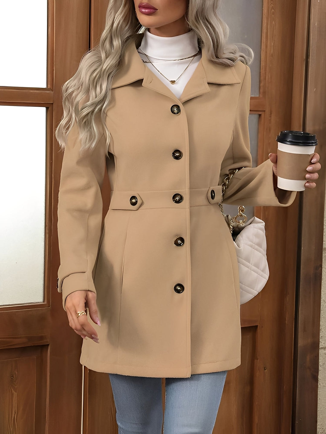 Elegant women's classic trench coat, double-breasted design, featuring a stylish belted waist and notch collar.