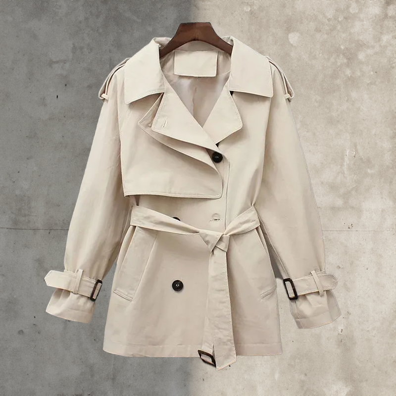 Rosemary women's double-breasted trench coat with a stylish belt. Classic, sophisticated transitional jacket for any outfit.