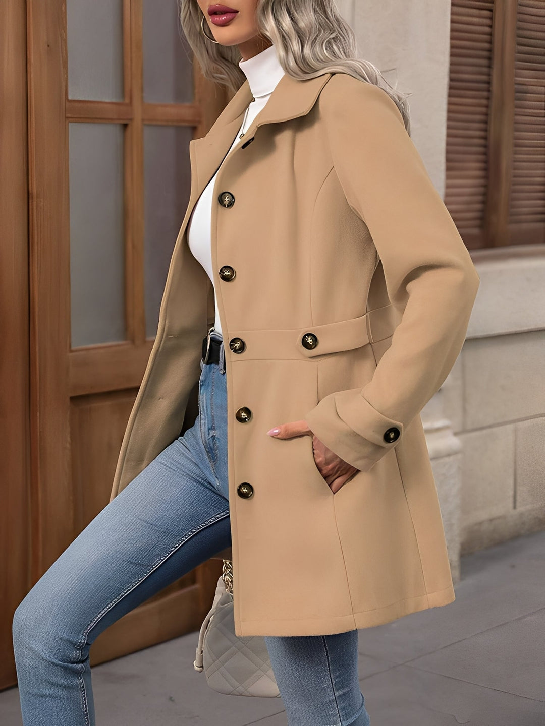 Stylish women's transitional jacket, double-breasted trench with belted waist, ideal for spring fashion.