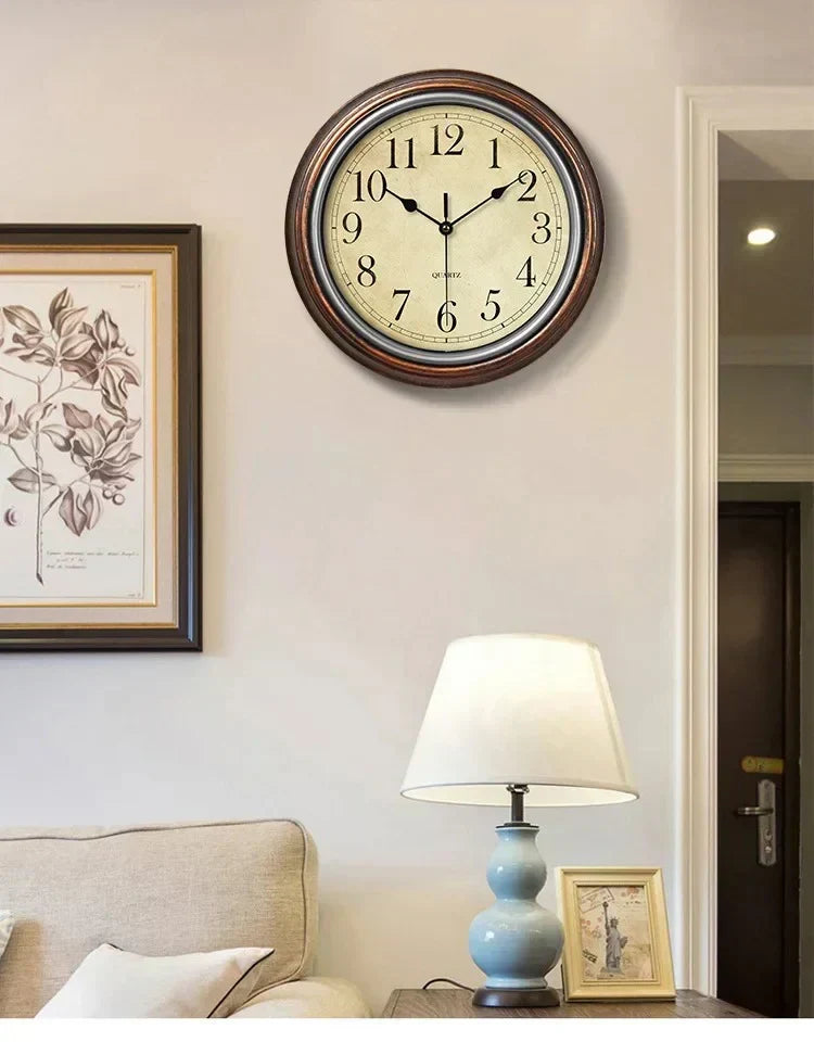 Vintage style silent wood wall clock with large clear numbers. Perfect classic home decor for living room or kitchen.