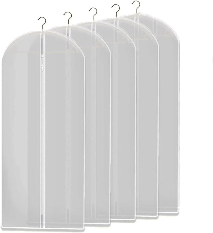 Clear 10-pack garment storage bags for dustproof clothing protection & wardrobe organization. Perfect for suits, dresses.