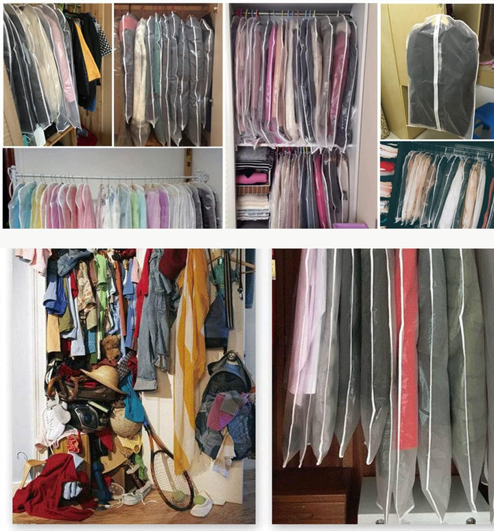 10-pack clear garment storage bags offering complete clothing protection for suits & dresses in closets or travel.